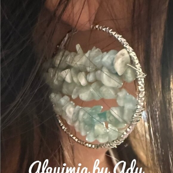 Handmade statement aquamarine beaded disc earrings